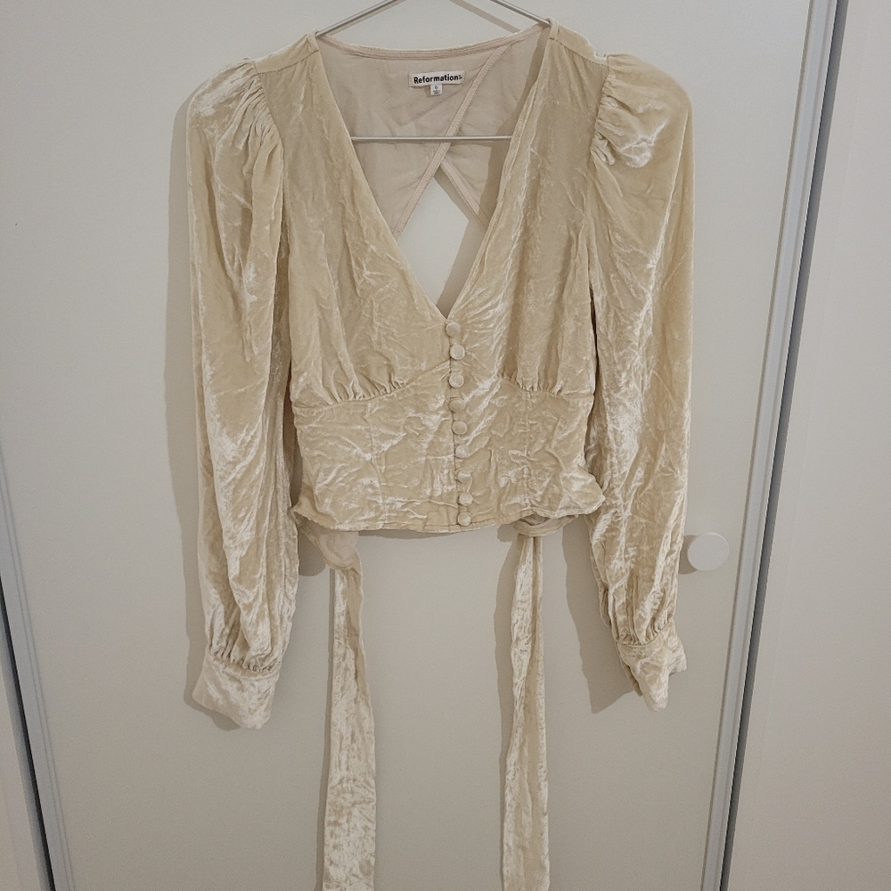 Reformation, cream, velvet, backless, puff sleeve crop top